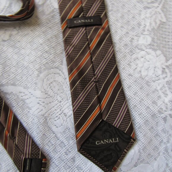 CANALI Tie 3.5" x 59" Brown Orange Textured Diagonal Stripe 100% Silk, - Picture 3 of 6